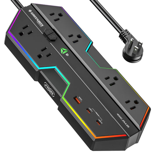 6 Outlet Surge Protector Power Strip with RGB Lights and PD 20W Fast Charging USB Ports, Wide-Spaced Outlet Perfect for e-Sports, Game PC, Home and Offices-0