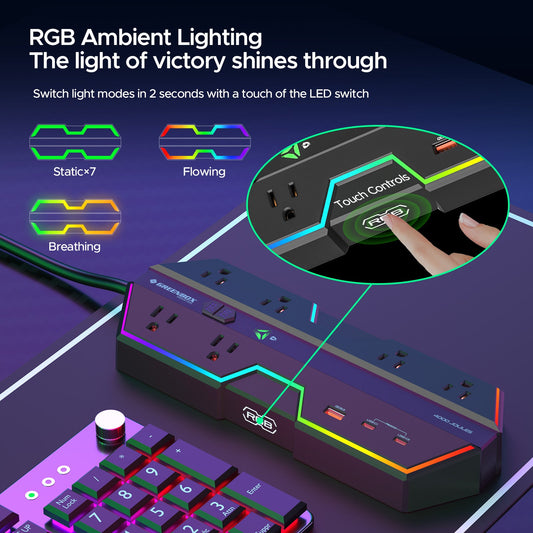 6 Outlet Surge Protector Power Strip with RGB Lights and PD 20W Fast Charging USB Ports, Wide-Spaced Outlet Perfect for e-Sports, Game PC, Home and Offices-1